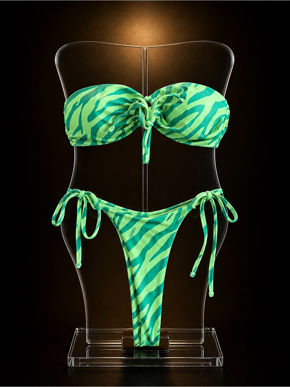 Strapless Green Zebra Print Tie-Side Bikini